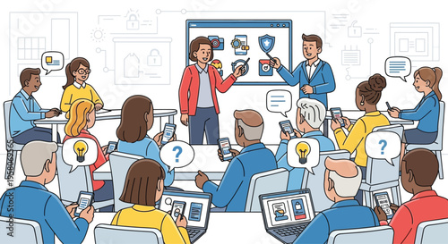 Diverse group attends technology and business presentation.