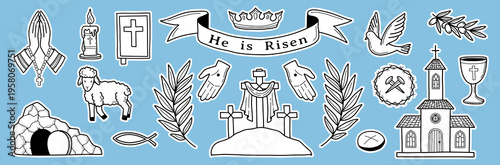 Christian line stickers set. Praying hands with rosary with cross, dove, olive branch, cathedral, church and bible. Christianity and Catholicism. Vector collection isolated on blue background