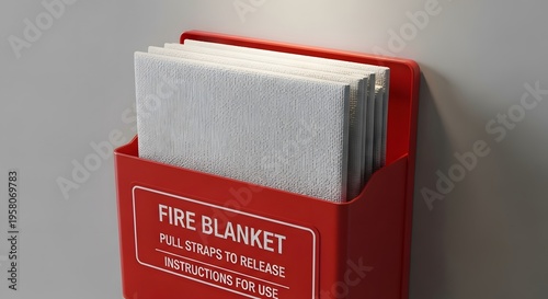 Red fire blanket box with white blanket