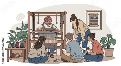 Diverse group learning traditional weaving from an experienced artisan.
