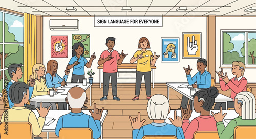 Diverse group learning sign language in a classroom setting.