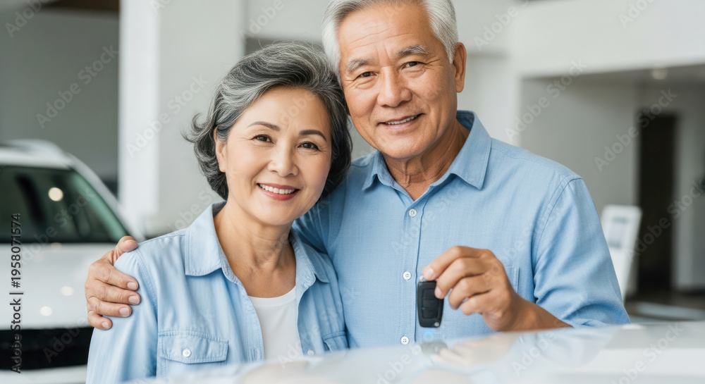 Fototapeta premium Elderly Asian couple smiling together in a car dealership, holding car keys with vehicles visible in the background