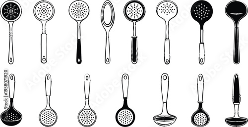 Kitchen Strainers and Ladles Icon Set Featuring Various Colanders, Skimmers, and Soup Ladles in Black and White Line Art Style