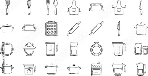Kitchen Utensils and Appliances Icon Set Featuring Cooking Tools, Baking Supplies, and Kitchen Equipment in Black and White Line Art Style for Digital Design Projects
