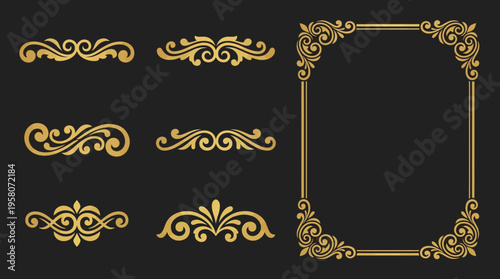 Elegant golden ornamental frame and decorative flourishes on a dark background, ideal for vintage designs, luxury invitations, and classic borders.