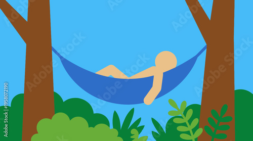 A minimalist illustration of a person relaxing in a blue hammock strung between two trees in a peaceful outdoor setting under a clear blue sky.