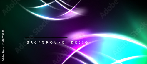 Abstract background features vibrant curves, glowing lines. Purple, teal, cyan hues blend into dark space. Modern design element.