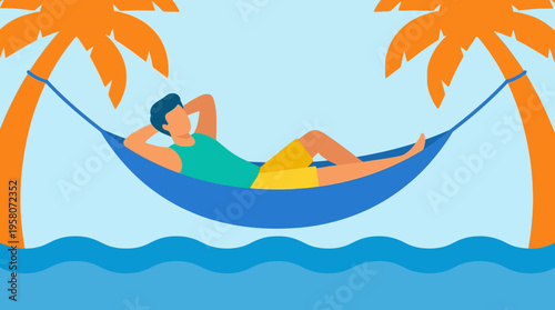 An illustration of a person relaxing in a blue hammock between two palm trees over calm blue water, depicting a peaceful tropical vacation scene.