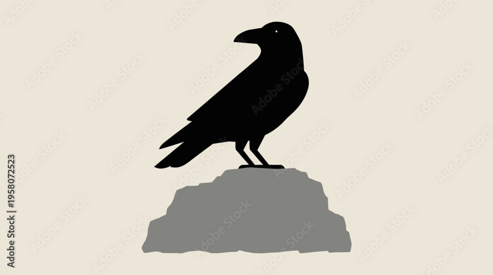 Obraz premium A stark black silhouette of a crow perched on a grey rock against a plain light beige background.