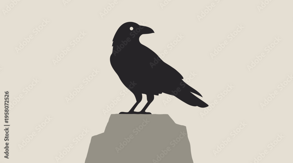 Fototapeta premium Black silhouette of a crow standing on a grey rock against a light beige background with a white eye highlight.
