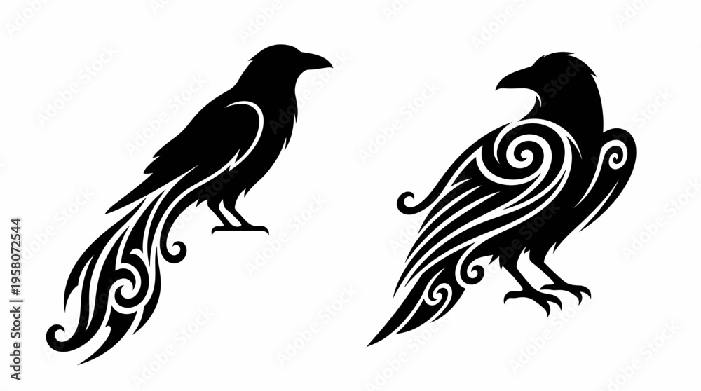 Fototapeta premium Two stylized black raven or crow silhouettes with intricate tribal swirl patterns, isolated on a white background.