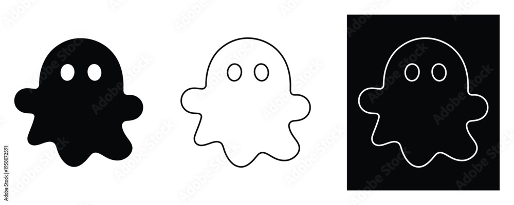 Fototapeta premium Ghost icon set with spooky character design in solid outline and reverse versions for halloween decorations children party invitations and autumn festivals
