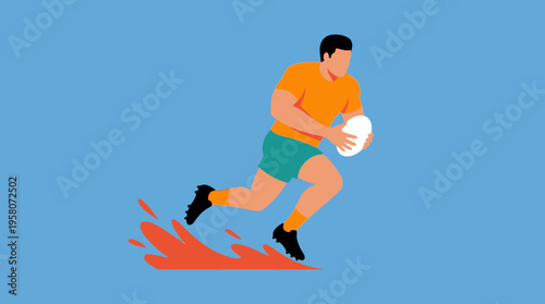 A dynamic illustration of a male rugby player in an orange shirt and green shorts running with a white rugby ball, with an orange splash behind his feet.