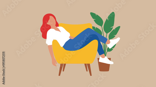 Illustration of a relaxed woman with red hair sitting comfortably in a yellow armchair next to a green potted plant.