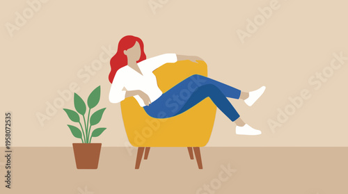Minimalist illustration of a red-haired woman relaxing comfortably in a yellow armchair next to a potted green plant in a calm room.