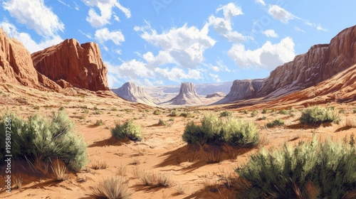 Painted desert scene with dramatic rocky formations and sunlit cliffs, scattered green bushes and sandy floor, rendered with textured brush strokes
