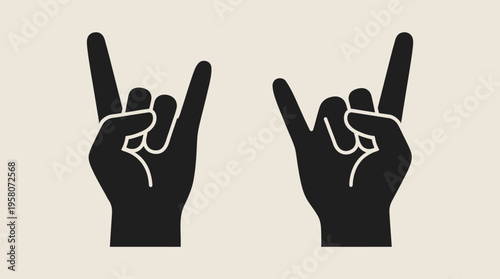 Two black silhouette hands making the rock and roll gesture, symbolizing music, rebellion, and fun.