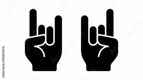 Two black silhouette hands making the rock and roll gesture, symbolizing music, rebellion, and a cool attitude on a plain white background.