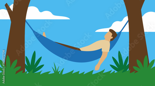 A person relaxing peacefully in a blue hammock tied between two trees under a clear blue sky with green grass.