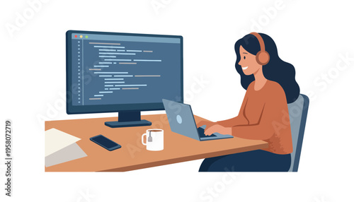 A woman wearing headphones works on her laptop and computer coding