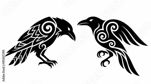 Two stylized black ravens with intricate Celtic knotwork and tribal patterns, facing each other in a graphic art style.