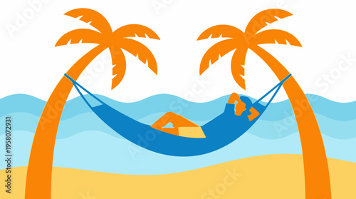 A person relaxing in a blue hammock strung between two palm trees on a sunny beach with ocean waves in the background.