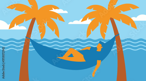 A person relaxing in a blue hammock strung between two palm trees over calm blue water with a light blue sky.