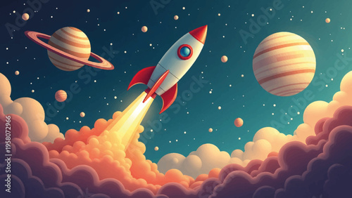 Vector illustration of rocket launching into space with planets and clouds