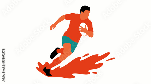 A dynamic illustration of a rugby player in an orange shirt and teal shorts, running with a ball and creating a vibrant red splash effect.