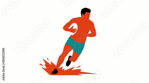 Stylized illustration of a male rugby player running with the ball, creating a dynamic splash effect.