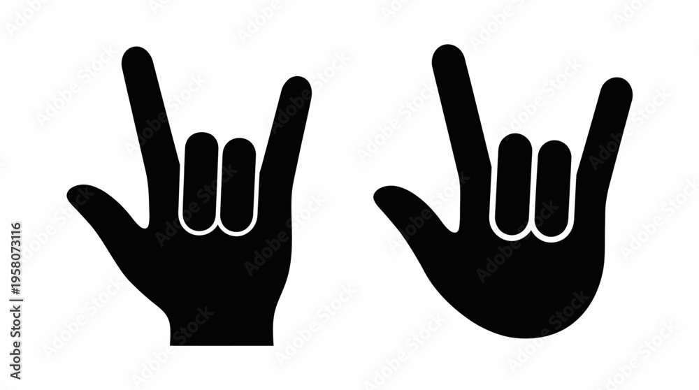 Fototapeta premium Two black silhouettes of hands making the rock and roll gesture, often called devil horns, against a white background.