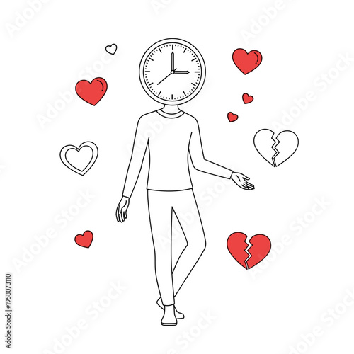 Love Concept with Hearts and Clock Head Character