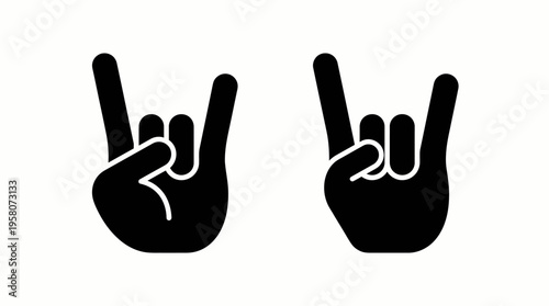 Two black silhouette hands making the rock and roll gesture on a white background, symbolizing music, rebellion, and a cool attitude.