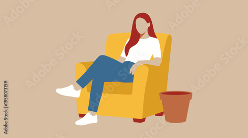 A minimalist flat design illustration of a woman with red hair sitting comfortably in a yellow armchair next to a terracotta pot.