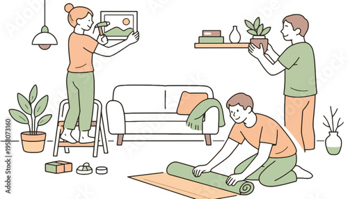 A family moving into a new home with furniture and plants