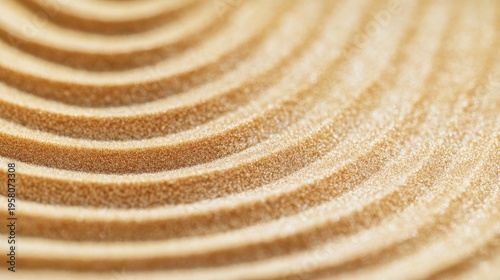 High-resolution image of raked sandy surface in abstract spiral and straight line formations, soft focus and calming tonal balance