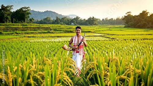 Young assamese man joyfully celebrates rongali bihu in vibrant green paddy fields of rural assam.
