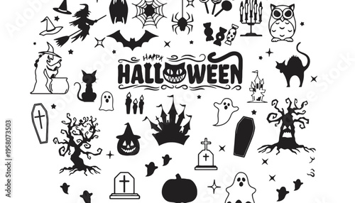 Halloween icon set with various spooky illustrations and symbols