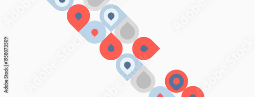 Pattern features repeating circles, squares. Colors include red, blue, gray. Design appears minimalist, geometric, modern. Simple shapes create visual rhythm.