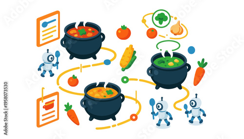 A robot assisted cooking illustration with colorful pots and vegetables