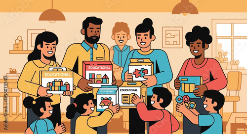 Diverse group of adults and children sharing educational materials.