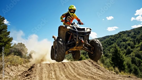 Extreme ATV Quad Bike Jumping High In The Blue Sky