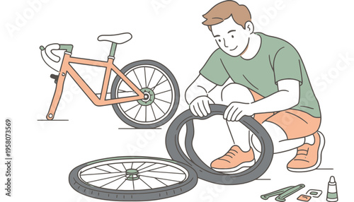 A man repairing a bicycle tire with tools on the ground