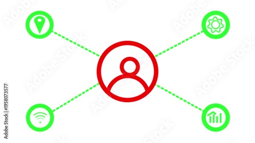 Animated simple network diagram with 5 user icons connected by lines representing social media or organizational structure on a waith  background.