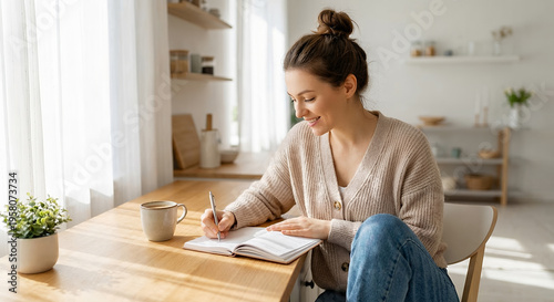 A young woman with her hair in a bun, wearing a beige cardigan and blue jeans, sits at a wooden table, writing in a notebook.