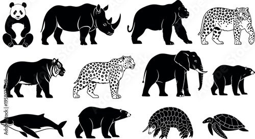 Silhouette illustrations of various endangered species in black and white