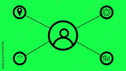 Animated simple network diagram with 5 user icons connected by lines representing social media or organizational structure on a rad background.