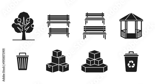 Collection of park and outdoor elements icons including tree, benches, gazebo, and trash cans