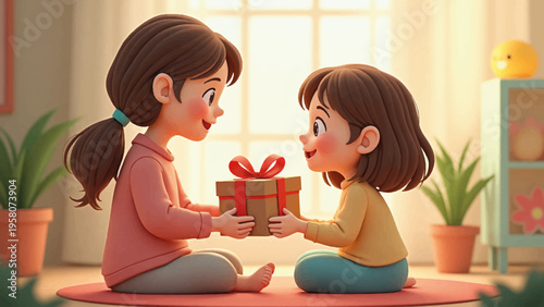 Two girls exchanging gifts, sitting on floor, smiling