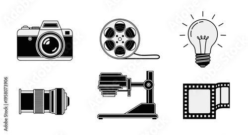 Collection of vintage photography and filmmaking equipment icons with a light bulb symbolizing creativity